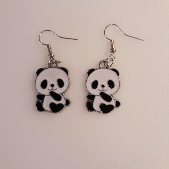 Panda Dangle Drop Earrings Black White Hook Closure - Picture 4 of 5